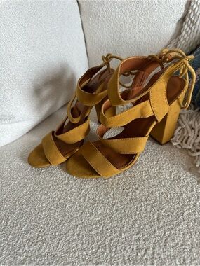 Charlotte Russe Mustard Suede Block Heel Lace-Up Sandals